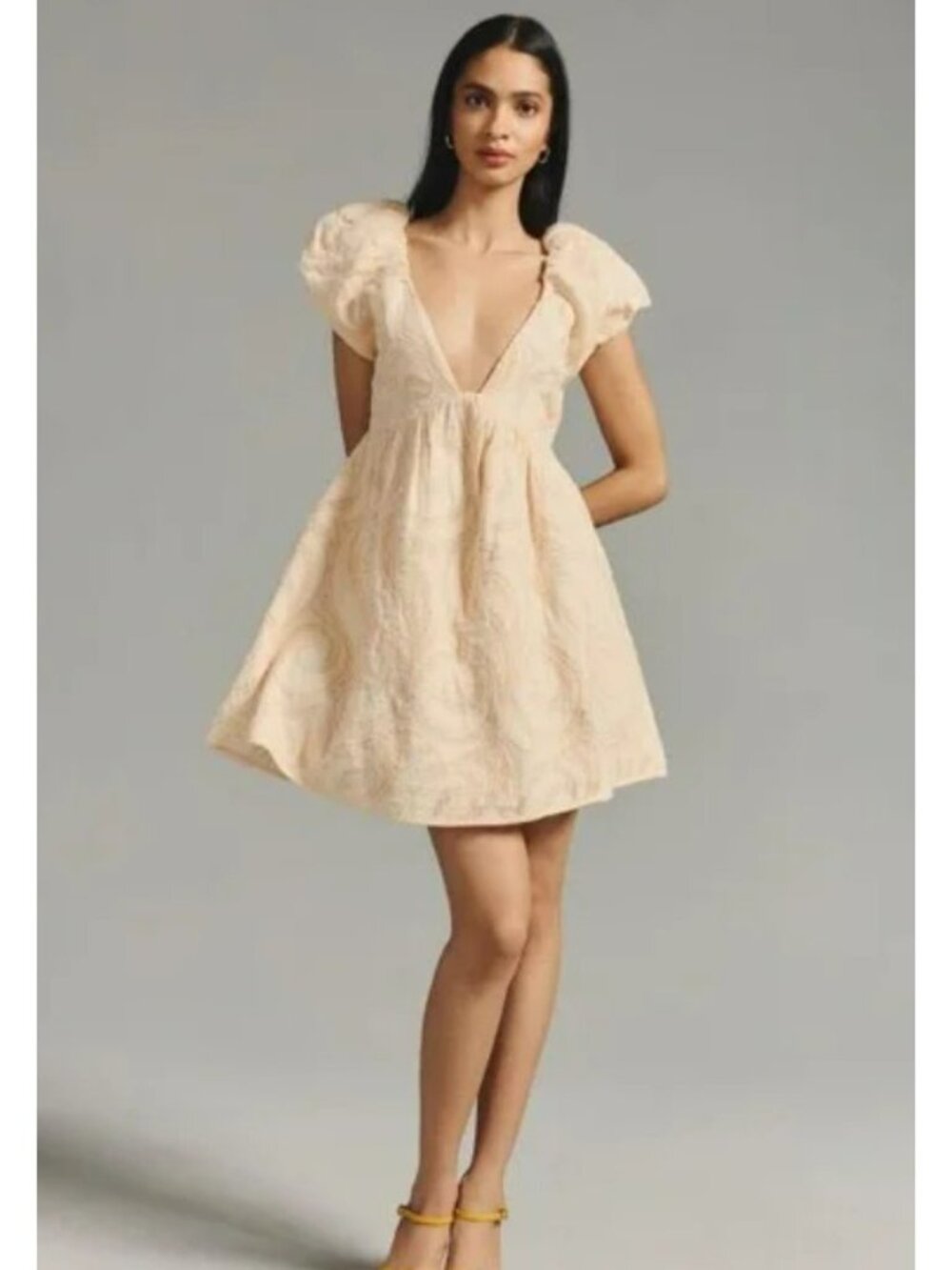 Anthropologie Peach Puff Sleeve V-Neck Dress, Size 14, NWT!